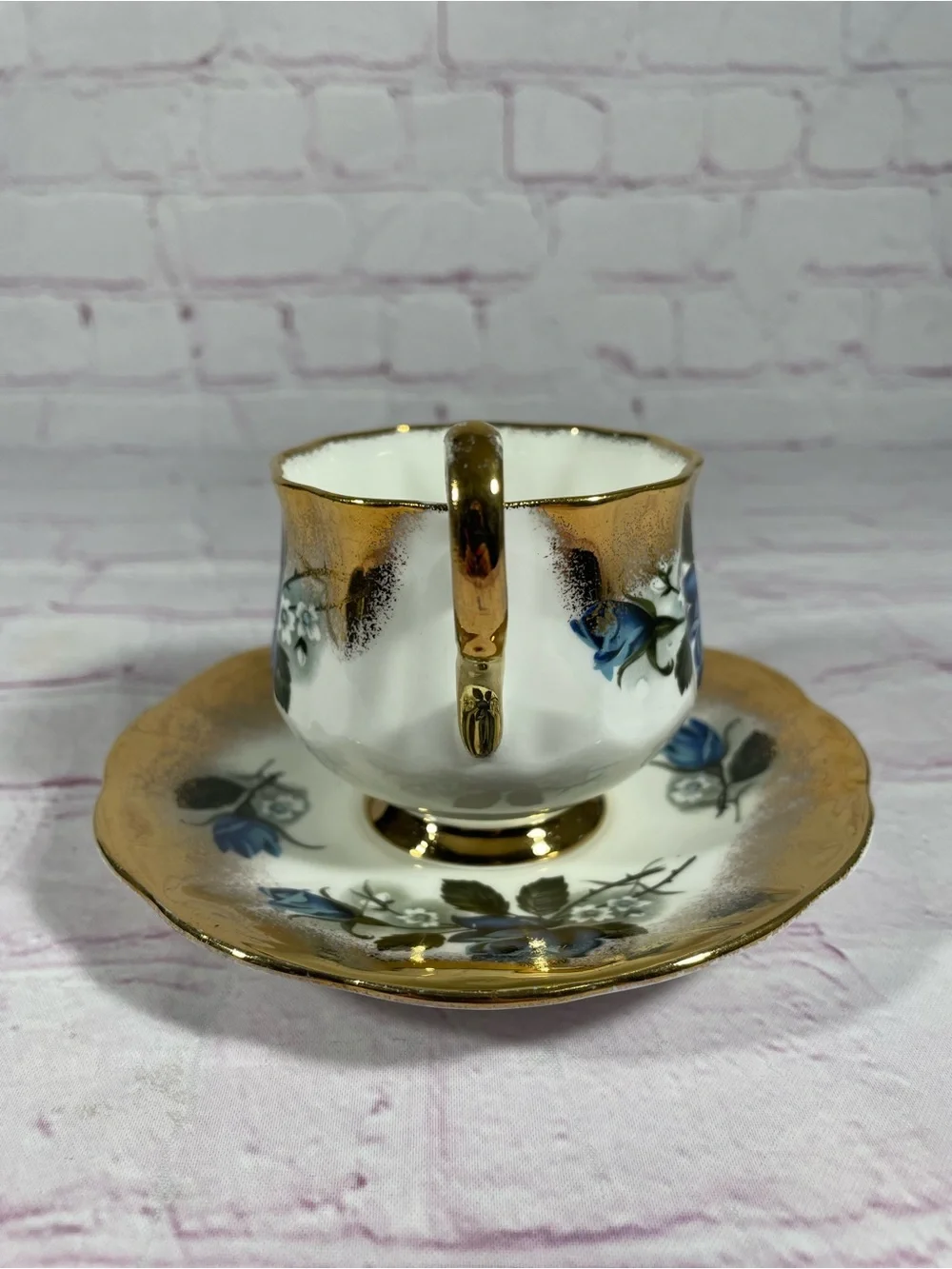 Vintage Taylor & Kent Elizabethan Blue Floral Gold Gilt Teacup and Saucer Set